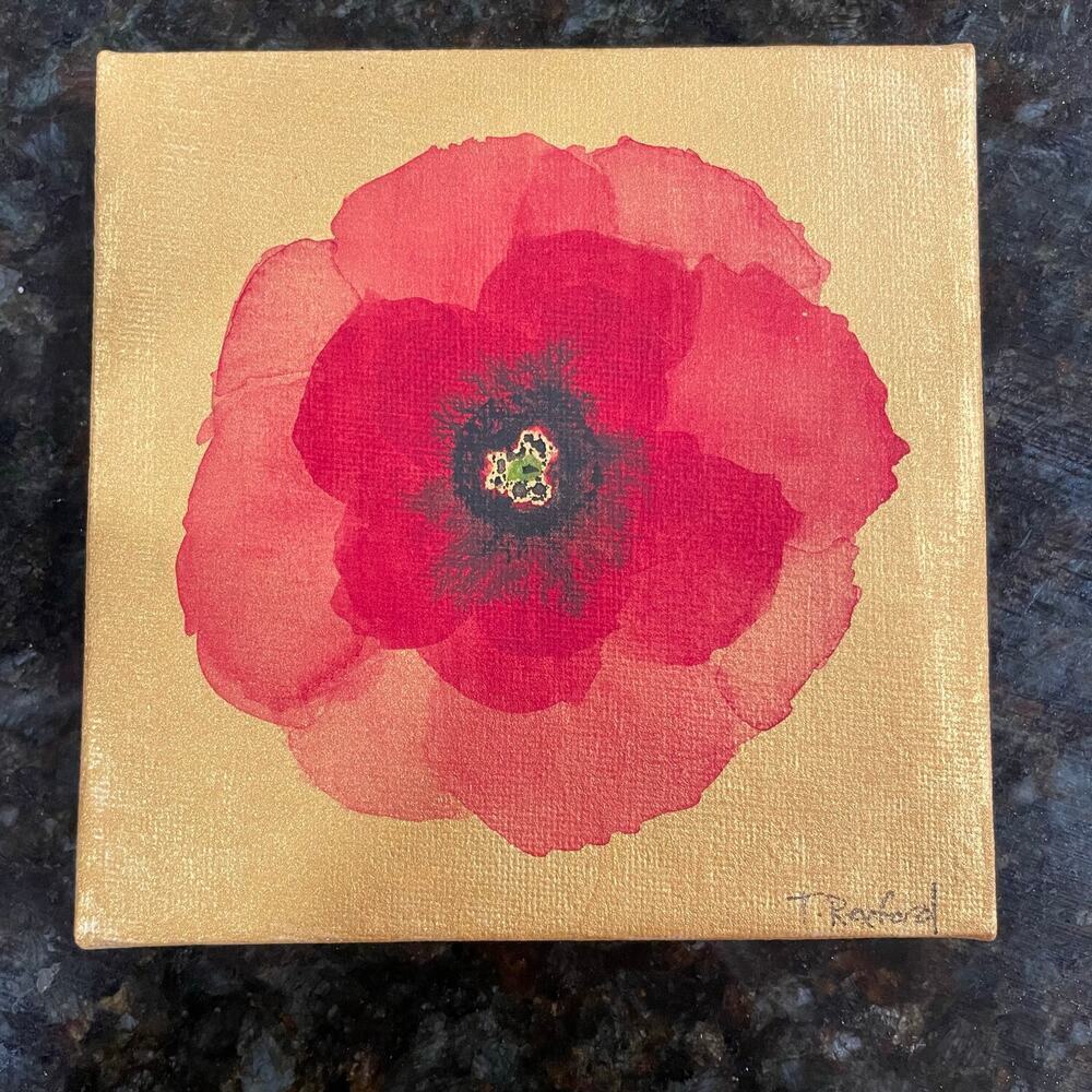 Handmade watercolor original painting poppy on gold canvas
